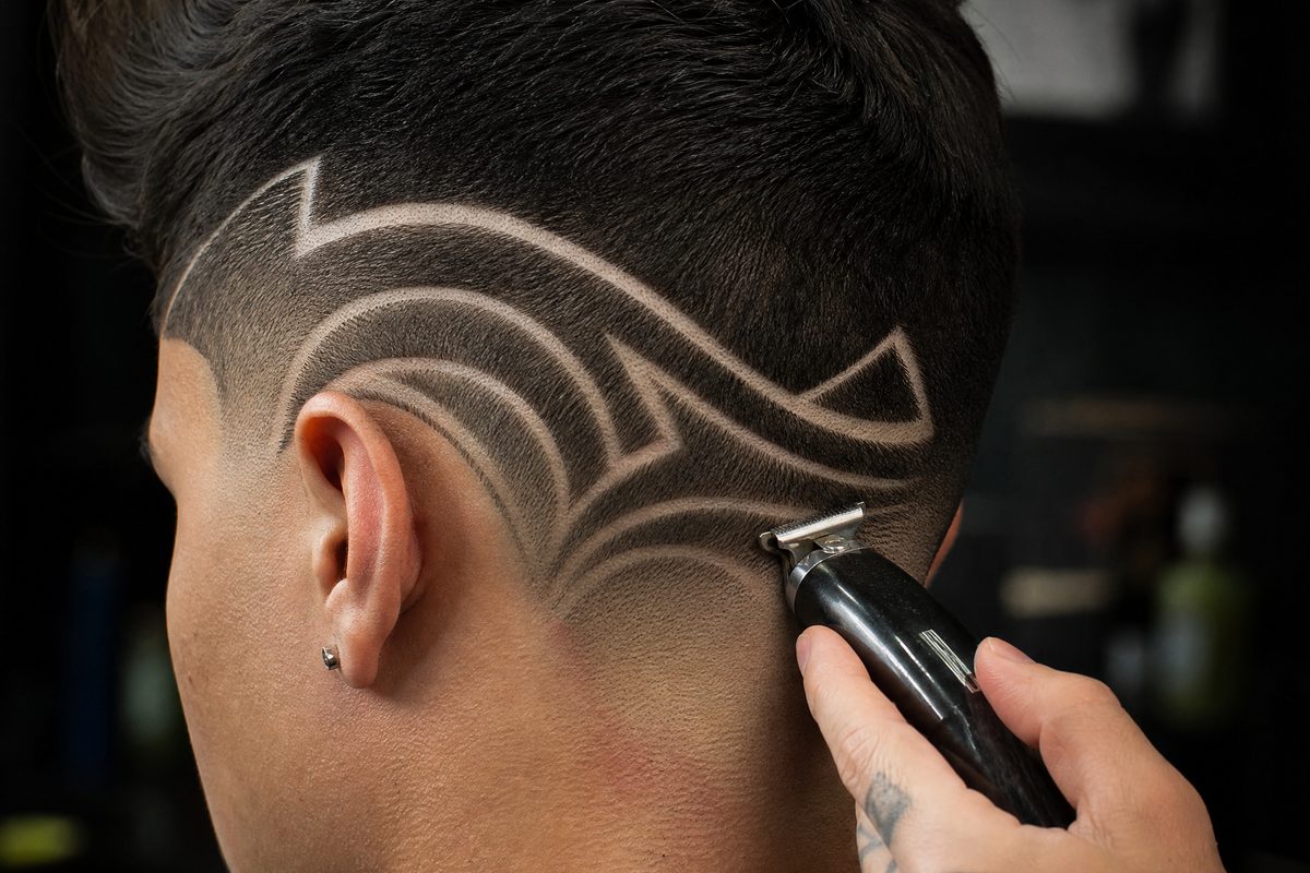 Freestyle design carved into a fresh fade at AJ23 Barbershop