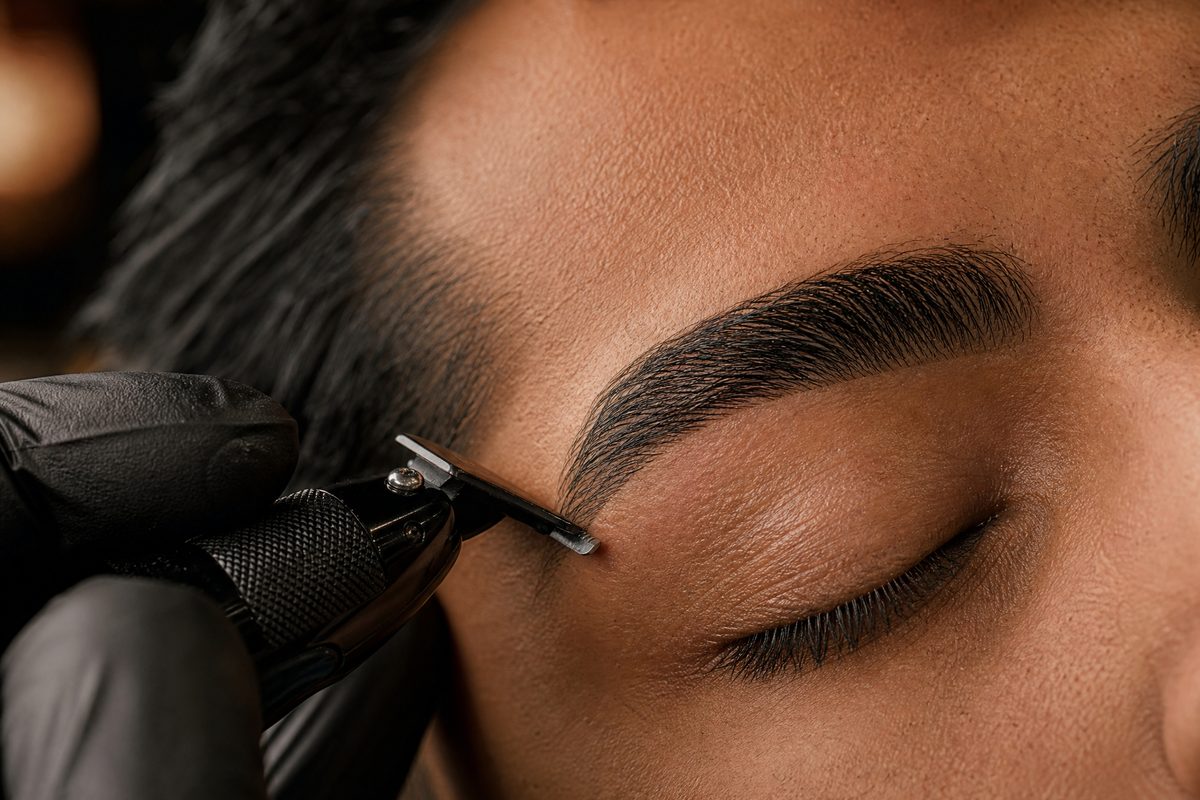 Close-up of an eyebrow being shaped and defined at AJ23 Barbershop