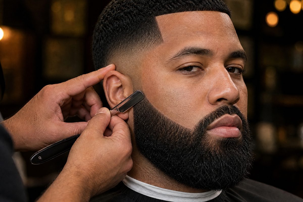 Barber shaping a full beard with a straight razor after a fresh cut at AJ23 Barbershop