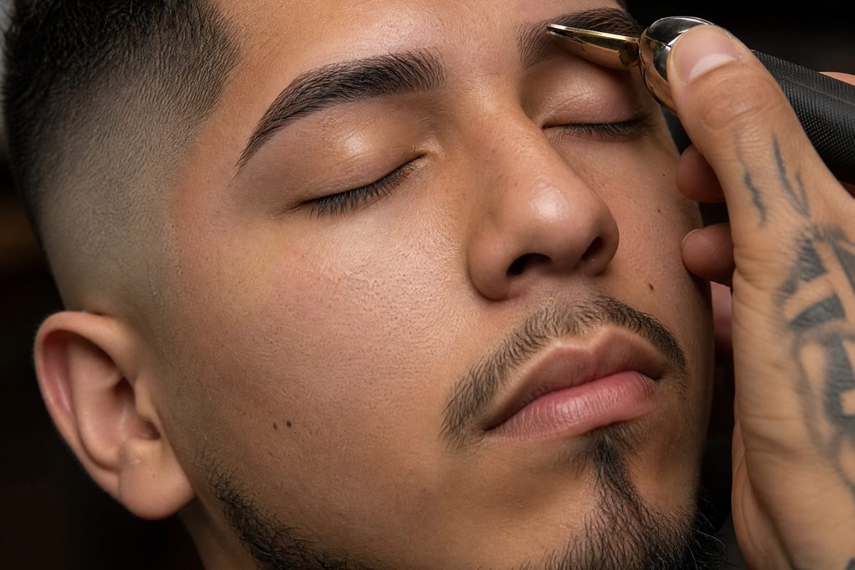 Barber shaping a client's eyebrow with a precision trimmer at AJ23 Barbershop
