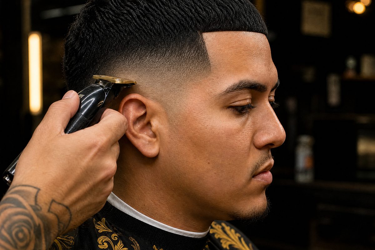 Barber working a clean skin fade with clippers at AJ23 Barbershop