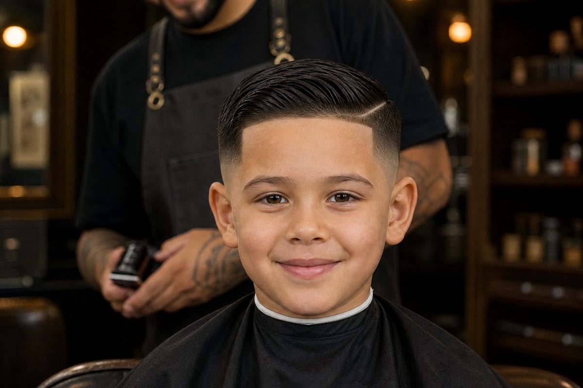 Boy smiling in the chair after his kids haircut at AJ23 Barbershop